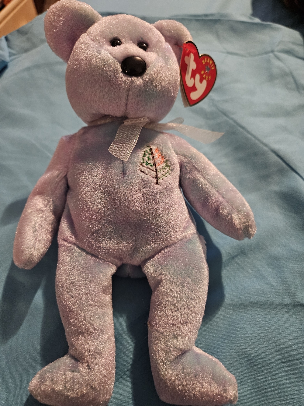 Ty Lavender Plush Bear with Embroidered Tree and Ribbon